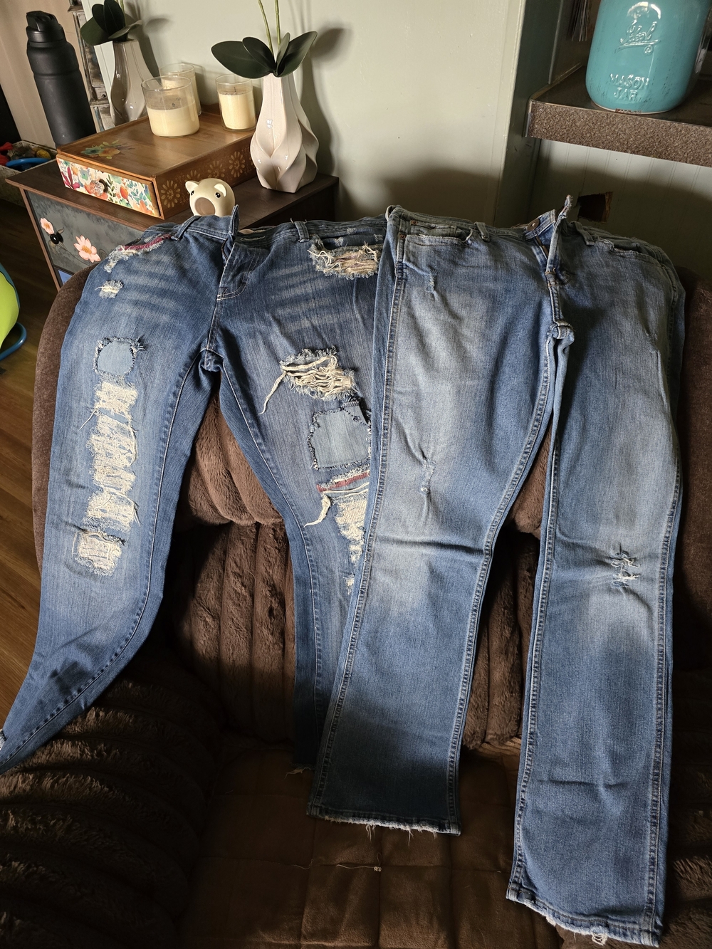 Two Pairs of Distressed Blue Denim Jeans American Eagle